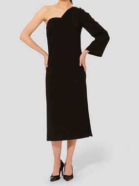 Tara Jarmon Black One-Shoulder Crepe Midi Dress with Long Sleeve